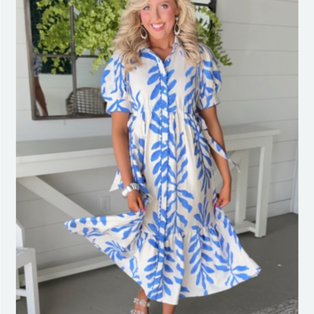 Blue and White Leaf Print Dress